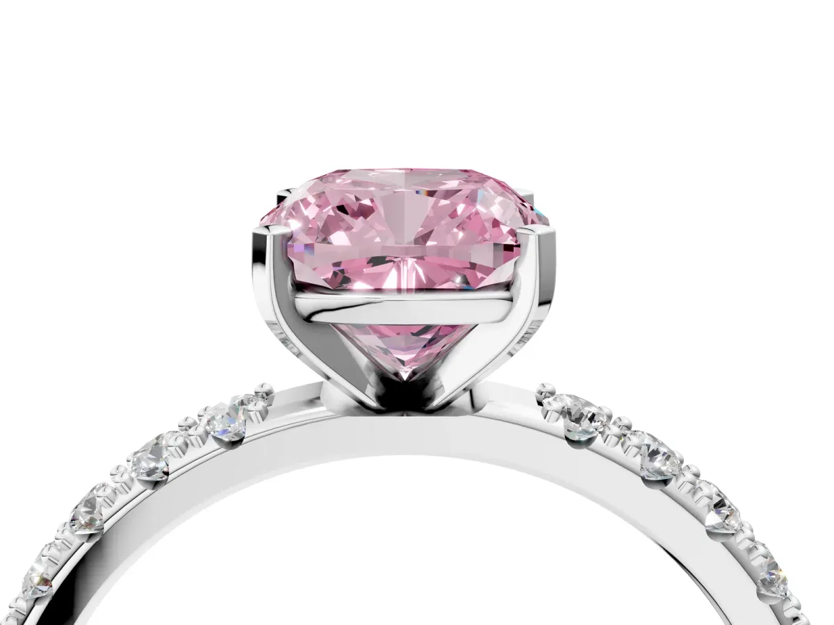 Fancy Pink Cushion Cut Diamond Solitaire Pavé Band with Four-Prong Setting Silver