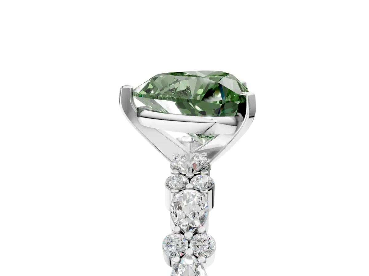 Fancy Green Heart Cut Diamond Side Stone Solitaire Ring with Round and Four-Prong Setting Platinum