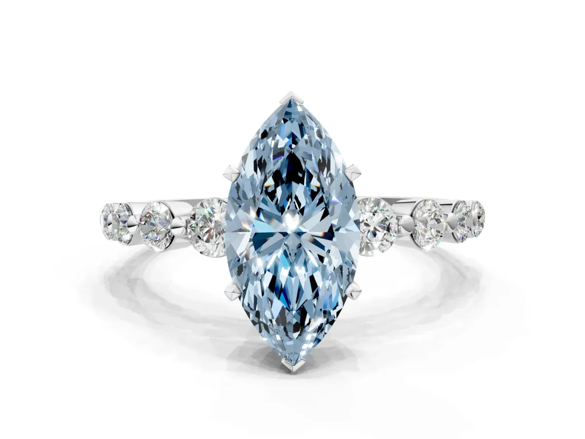 Fancy Blue Marquise Cut Solitaire Diamond Ring with Pave Band and Four-Prong Setting Silver