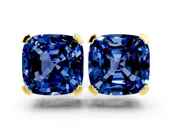 Cushion Cut Blue Sapphire Stud Earrings Yellow gold