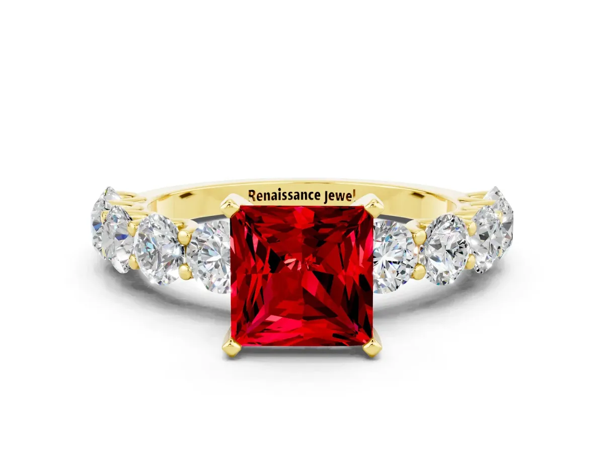 Princess Cut Ruby Prong Setting with Side Stones on a Pave Band Yellow gold