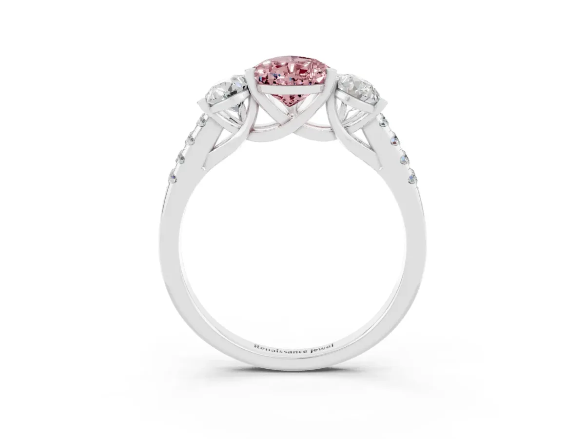 Three-Stone Pear Cut Morganite Ring with Round Pavé Band and Prong Setting Silver
