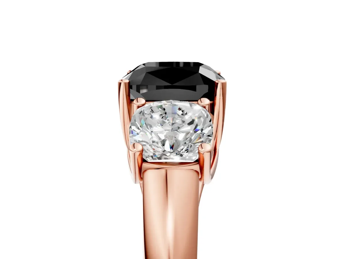 Fancy Black Three-Stone Cushion Cut Diamond Engagement Ring with Prong Setting Rose gold