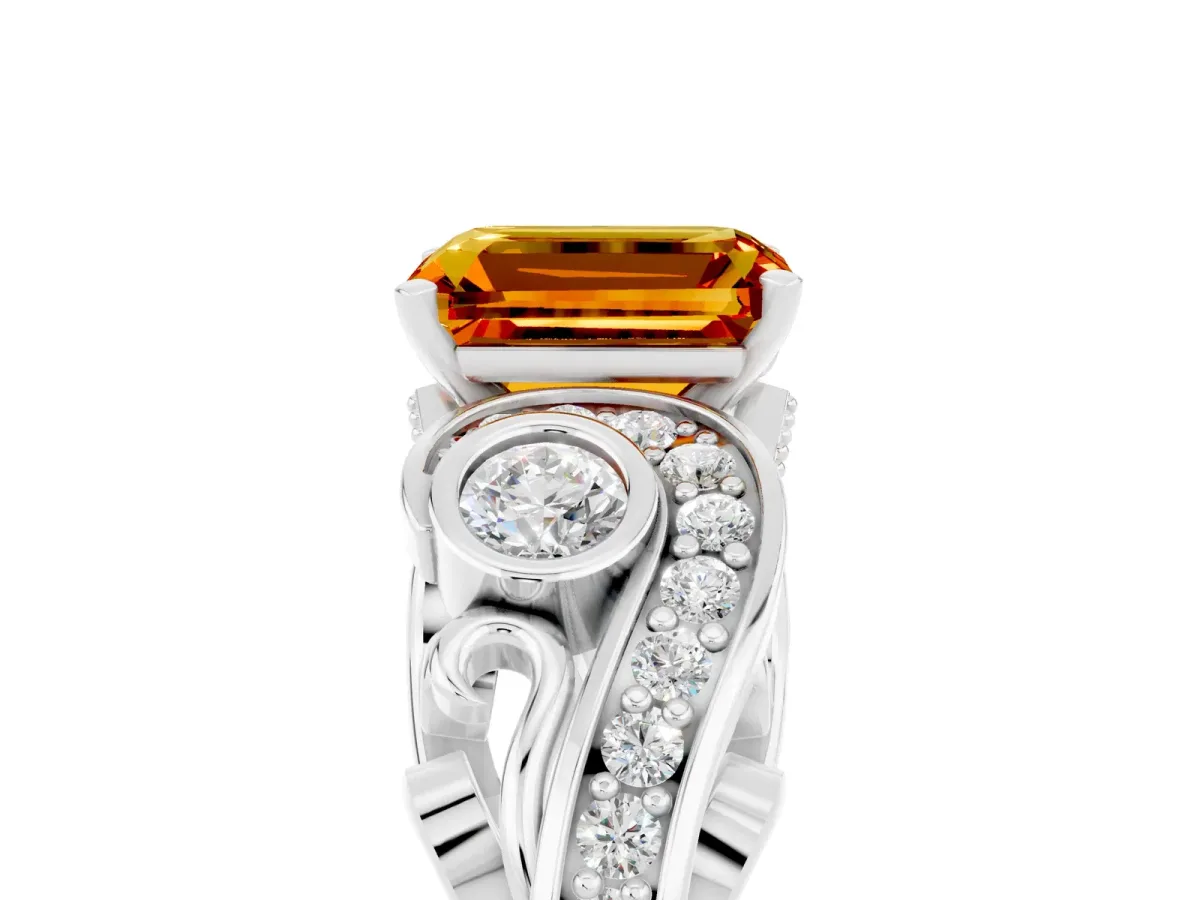 Emerald Cut Citrine Solitaire Ring with Milgrain Pavé Band and Four-Prong Setting Platinum