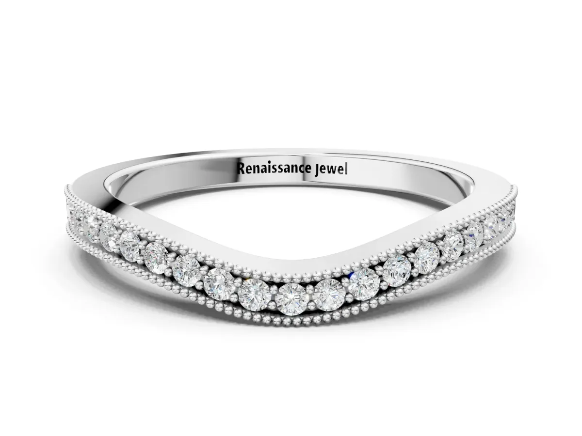 Pavé Round Diamond Curved Band with Milgrain Edge Silver