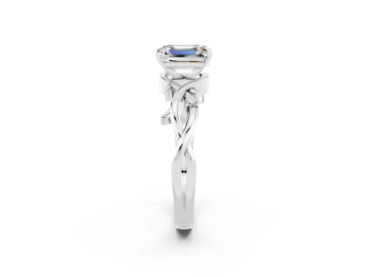 Emerald Cut Moissanite Solitaire Ring with Twisted Band and Prong Setting Silver