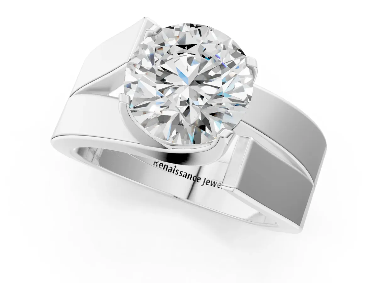 Modern Tension Set Round Cut Diamond Solitaire Wide Band Ring Silver