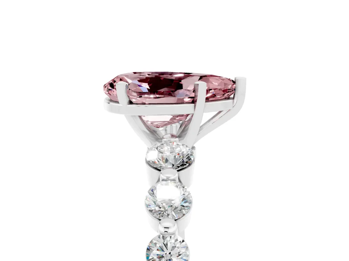 Pear Cut Solitaire Morganite Ring with Pave Band and Four-Prong Setting Platinum