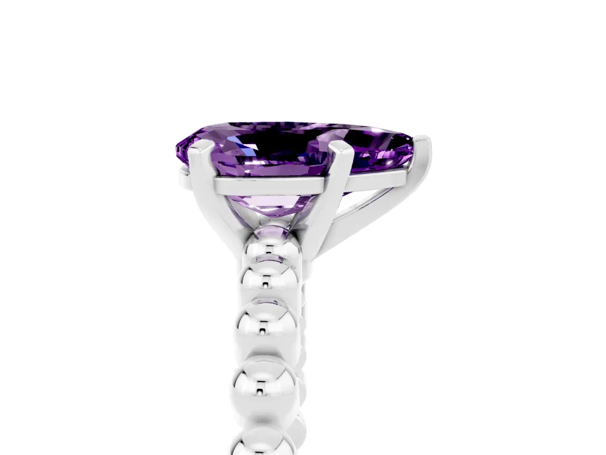Pear Cut Amethyst Solitaire Ring with Beaded Band and Prong Setting White gold