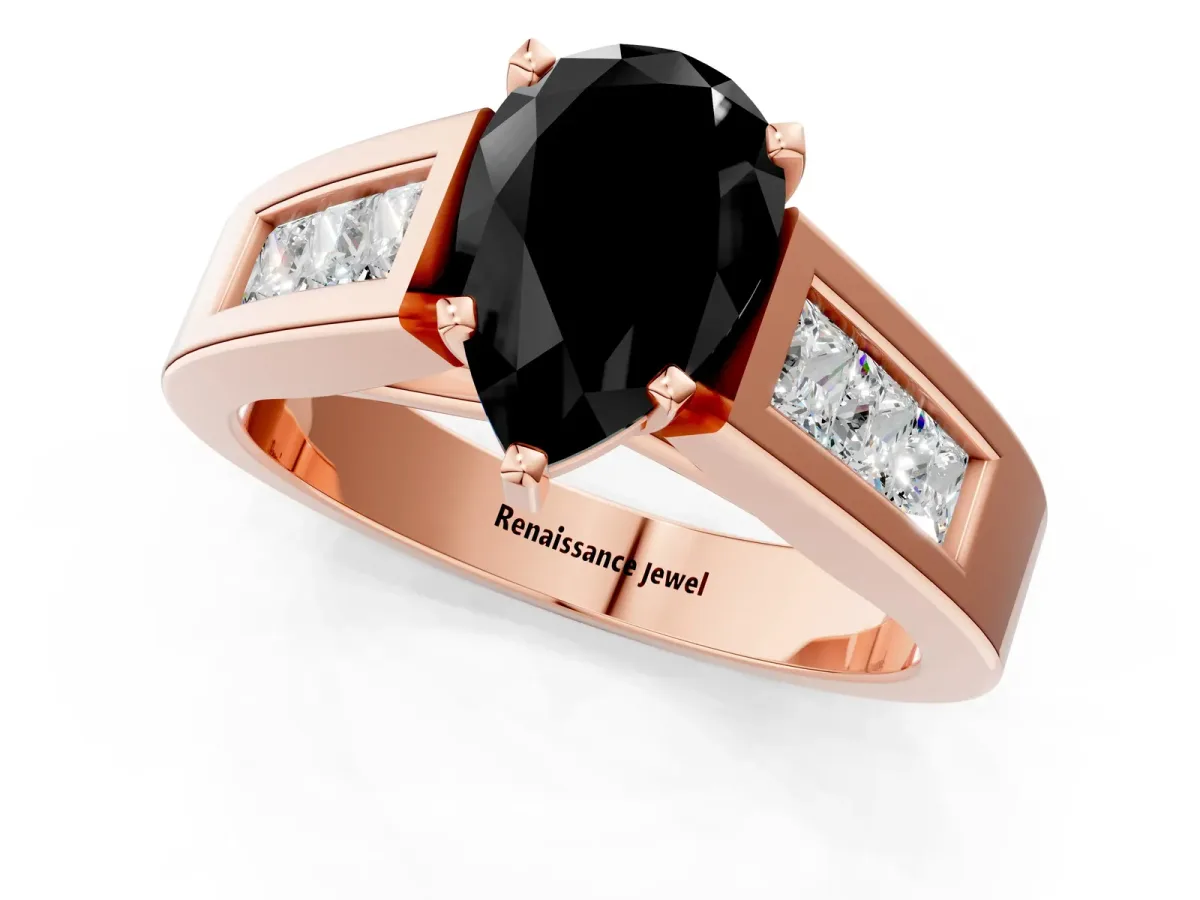 Fancy Black Pear Cut Cut Channel Set Solitaire Ring with Four-Prong Setting Rose gold