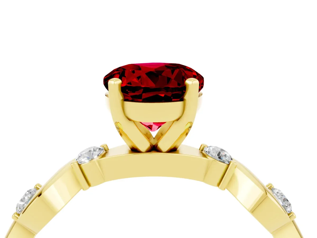 Round Cut Ruby Solitaire Twisted Band with Round Accents and Prong Setting Yellow gold