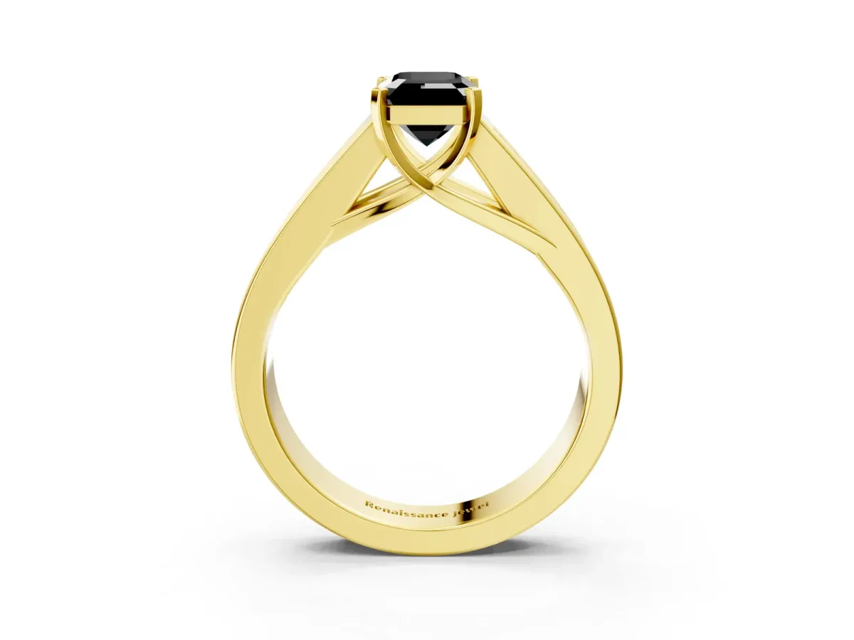 Fancy Black Emerald Cut Cut Channel Set Solitaire Ring with Four-Prong Setting Yellow gold