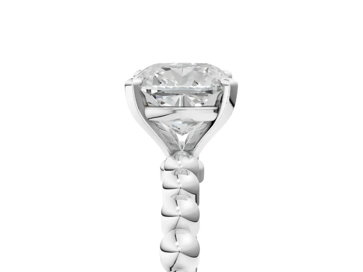 Cushion Cut Diamond Solitaire Ring with Beaded Band and Prong Setting Platinum