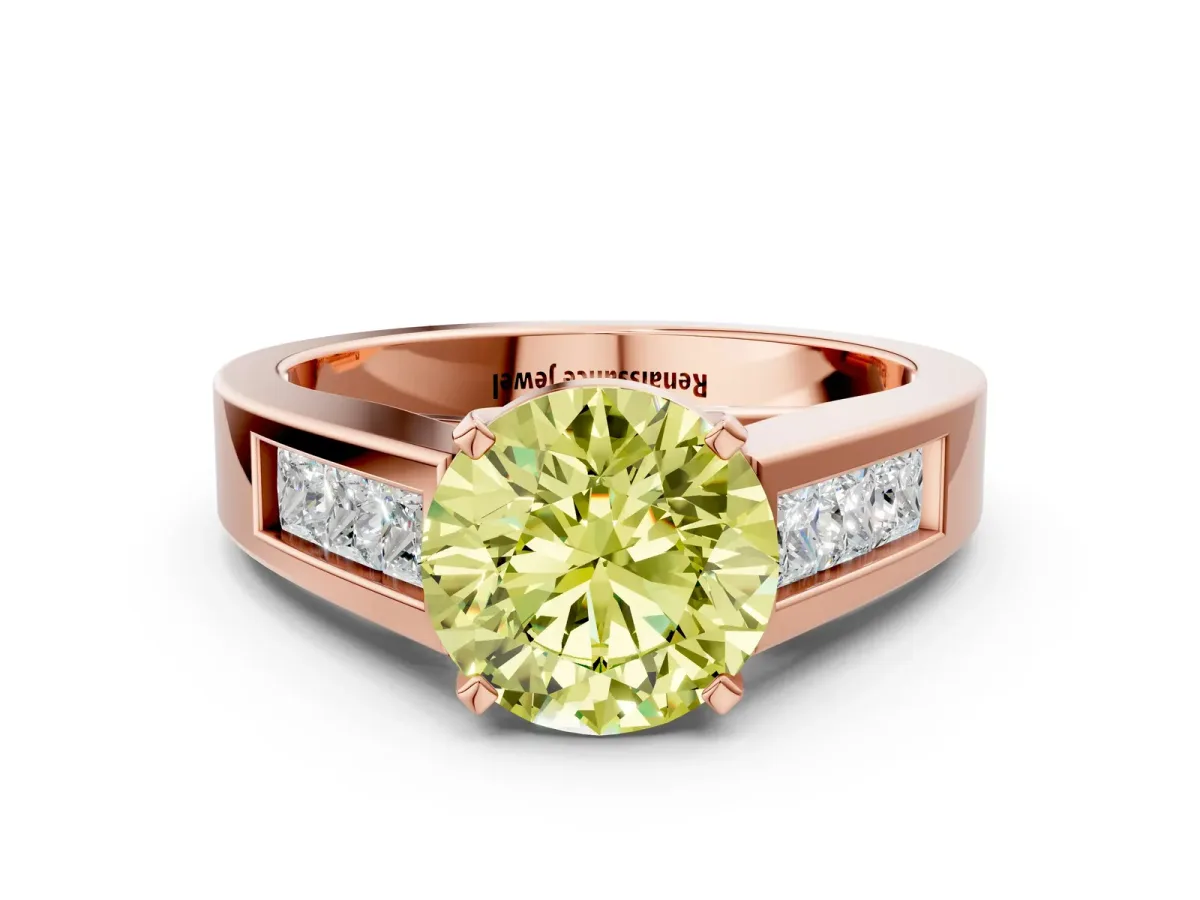 Fancy Yellow Round Cut Cut Channel Set Solitaire Ring with Four-Prong Setting Rose gold