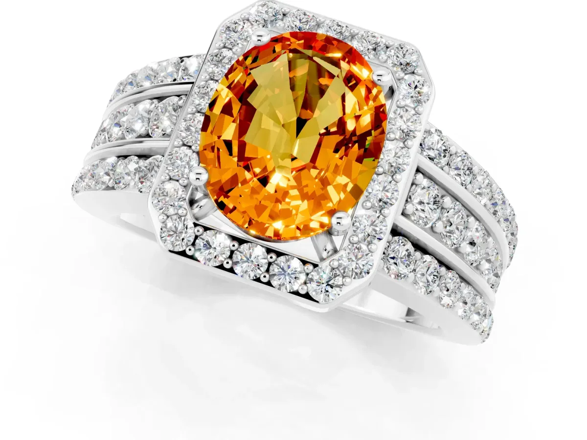 Oval Cut Halo Citrine Ring with Round Split Shank and Prong Setting Silver