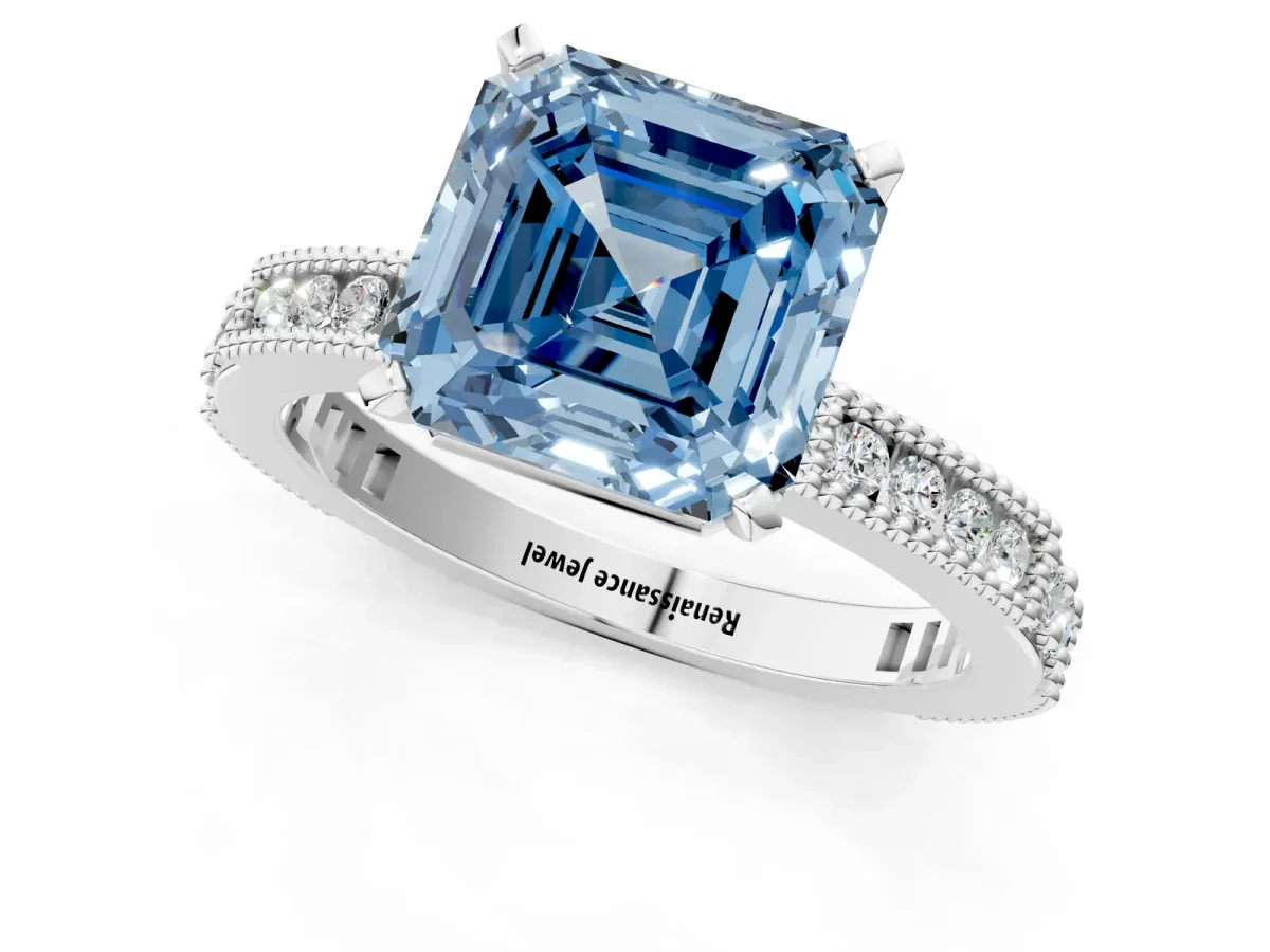 Fancy Blue Asscher Cut Solitaire with Pavé Band and Four-Prong Setting Silver