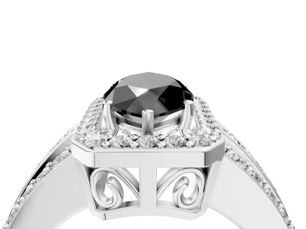 Fancy Black Marquise Cut Halo Diamond Ring with Round Split Shank and Prong Setting Silver