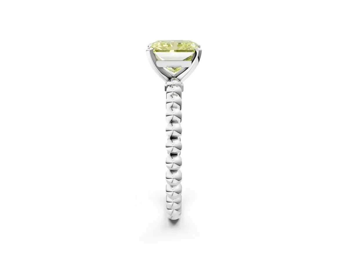 Fancy Yellow Radiant Cut Diamond Solitaire Ring with Beaded Band and Prong Setting Silver