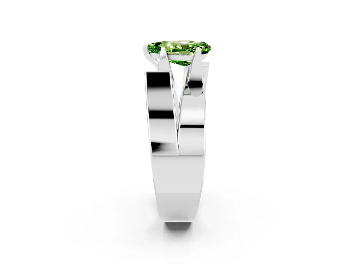Modern Tension Set Pear Cut Peridot Solitaire Wide Band Ring Silver