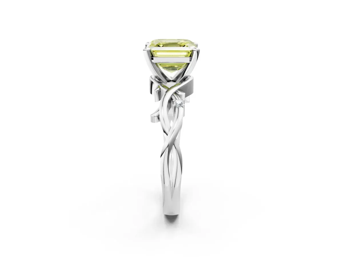 Fancy Yellow Asscher Cut Diamond Solitaire Ring with Twisted Band and Prong Setting Silver