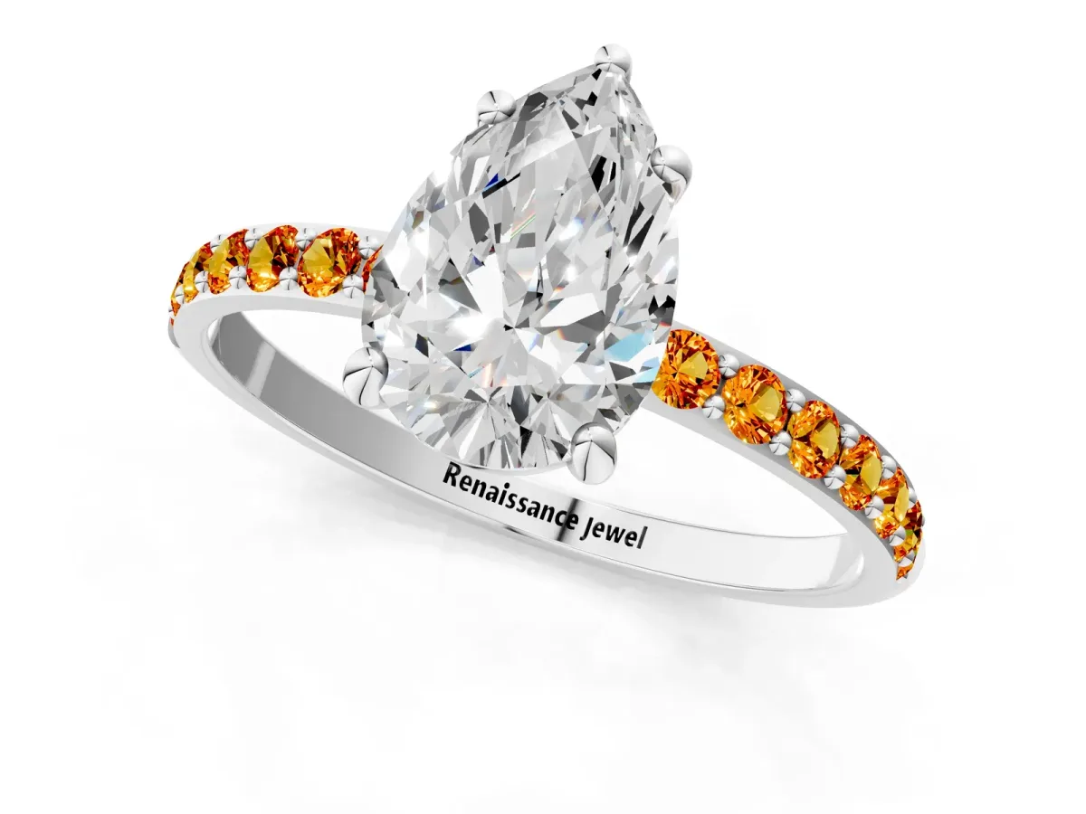 Pear Cut Diamond Solitaire Ring with Round Citrine Pavé Band and Prong Setting Silver