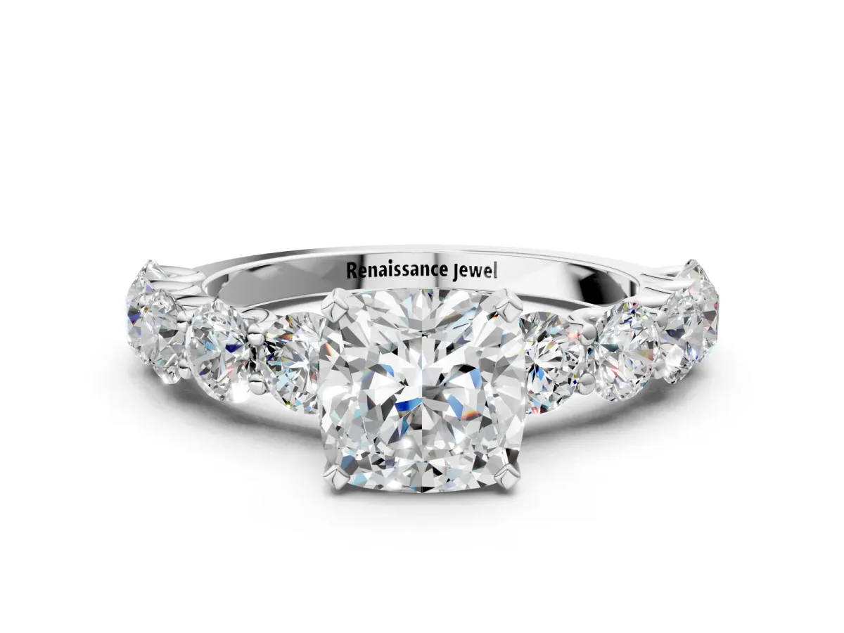 Cushion Cut Diamond Prong Setting with Side Stones on a Pave Band Platinum