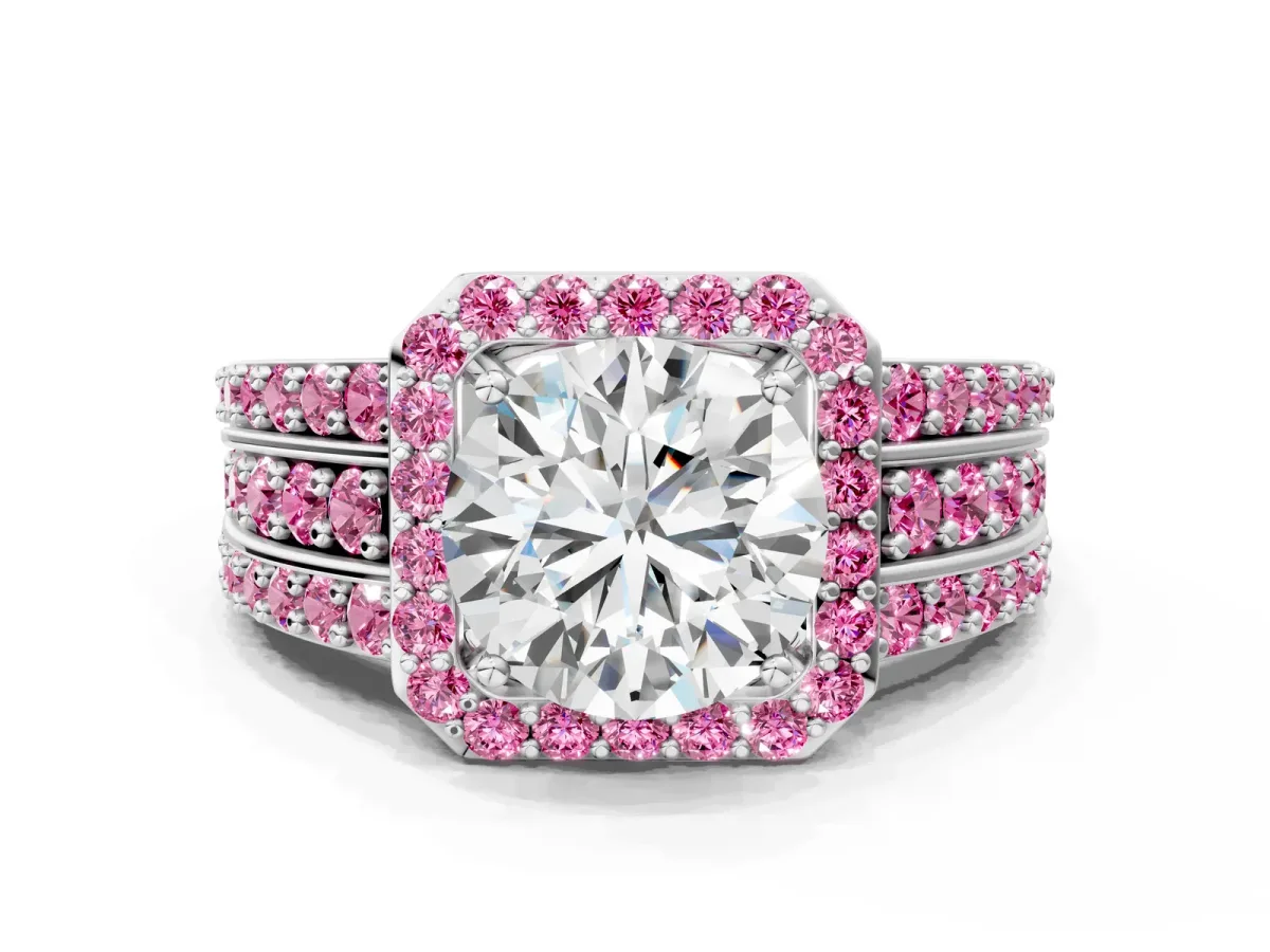 Round Cut Halo Diamond Ring with Round Pink Sapphire Split Shank and Prong Setting Silver