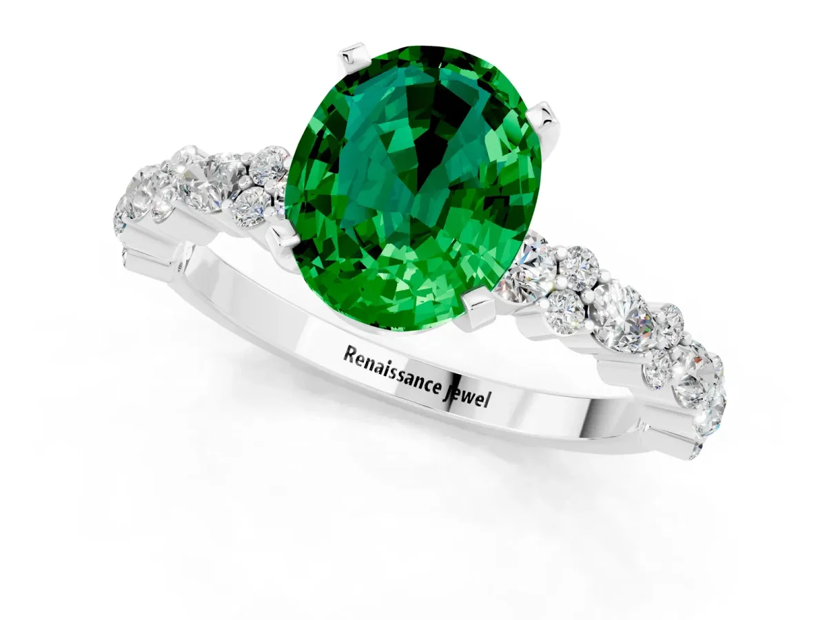 Oval Cut Emerald Side Stone Solitaire Ring with Round and Four-Prong Setting Platinum
