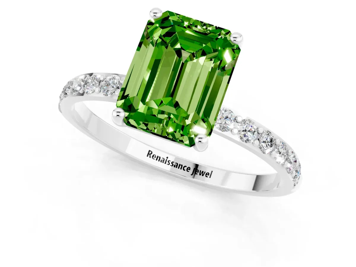 Emerald Cut Peridot Solitaire Ring with Round Pavé Band and Prong Setting Platinum