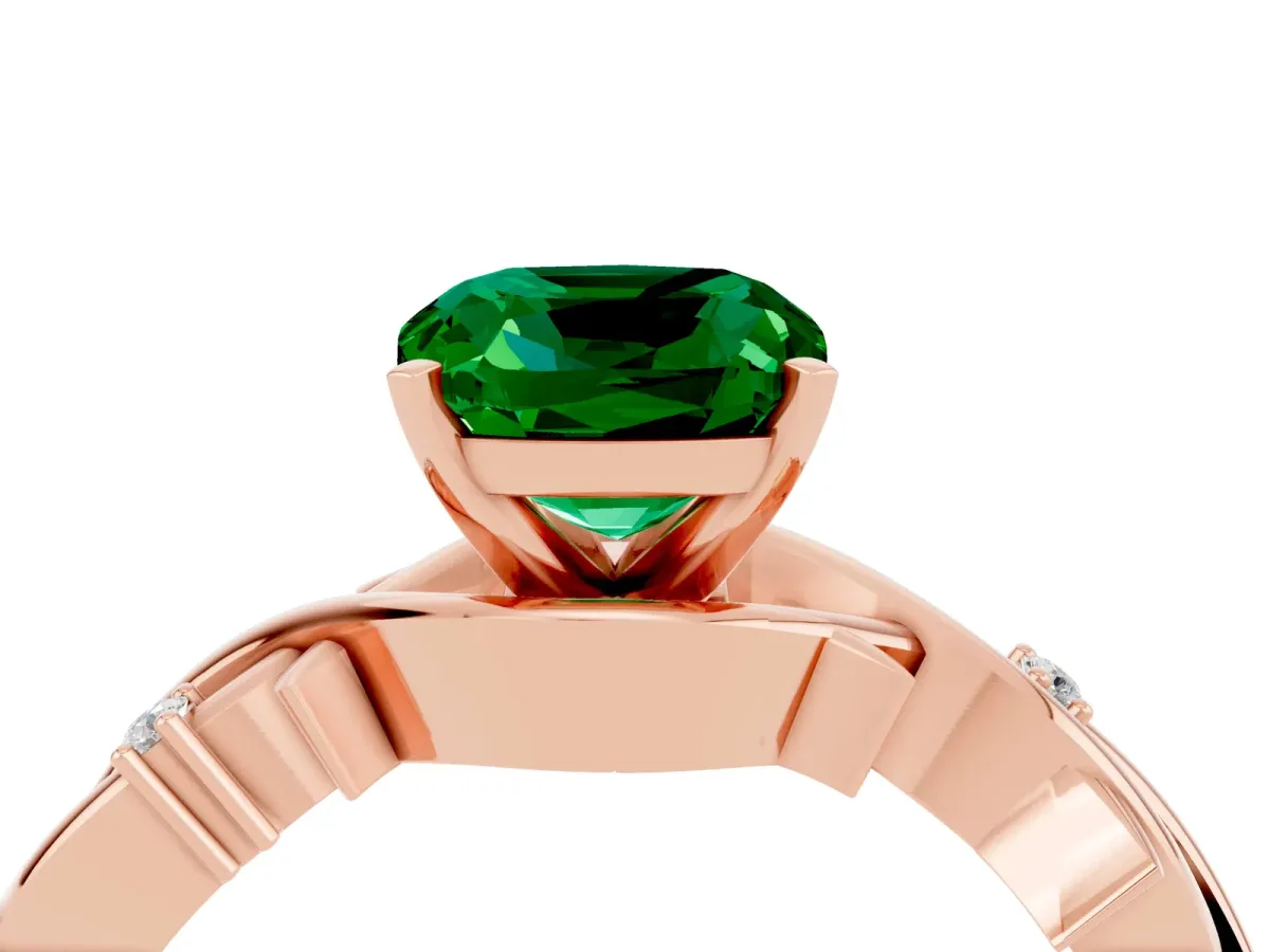 Cushion Cut Emerald Solitaire Ring with Twisted Band and Prong Setting Rose gold