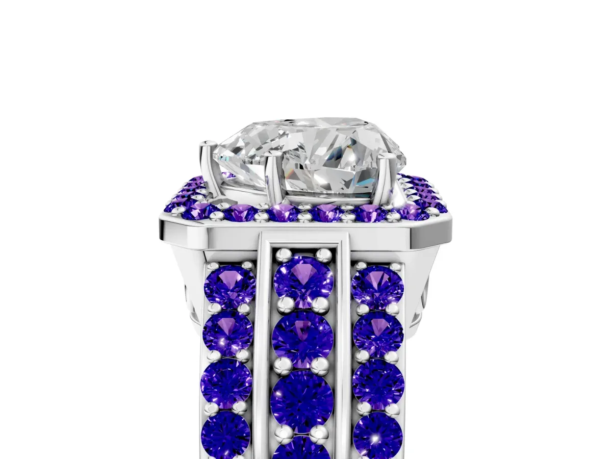 Heart Cut Halo Diamond Ring with Round Tanzanite Split Shank and Prong Setting Silver
