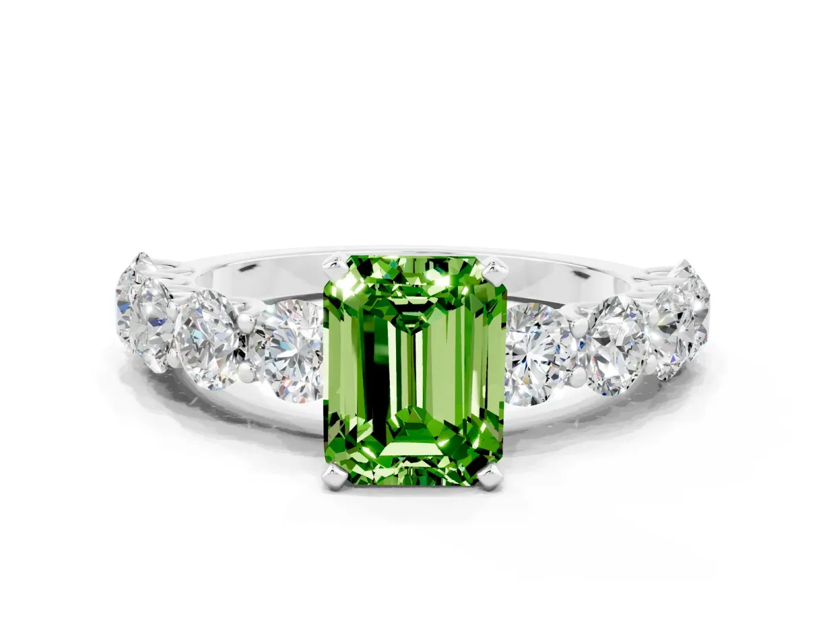 Emerald Cut Peridot Prong Setting with Side Stones on a Pave Band Silver
