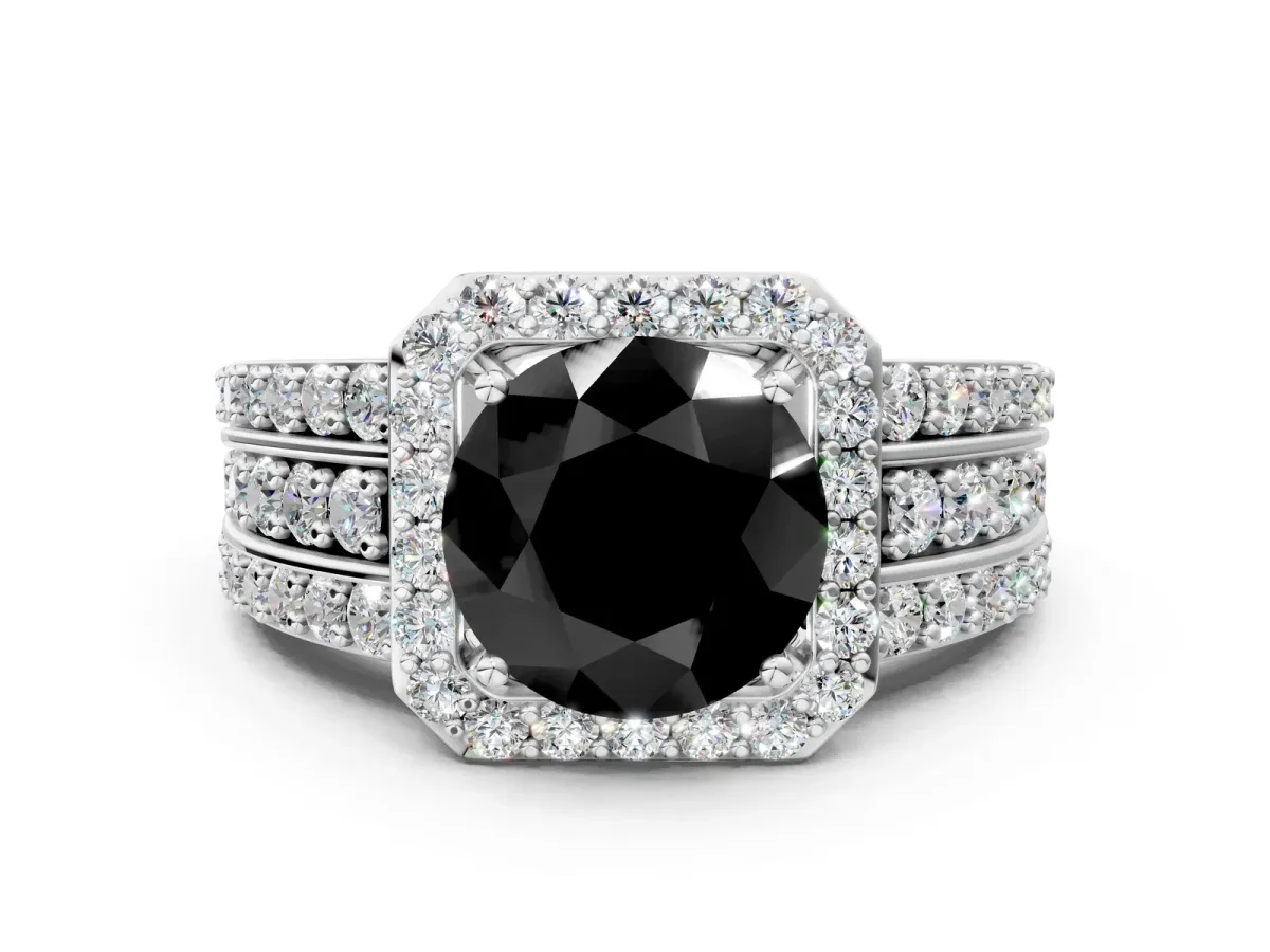 Fancy Black Round Cut Halo Diamond Ring with Round Split Shank and Prong Setting Platinum