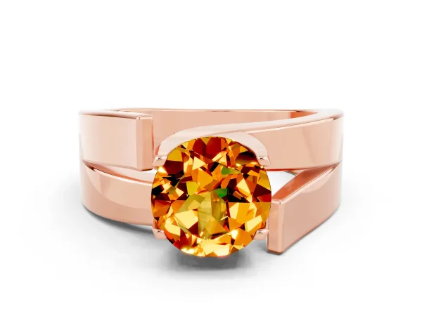 Modern Tension Set Round Cut Citrine Solitaire Wide Band Ring Rose gold