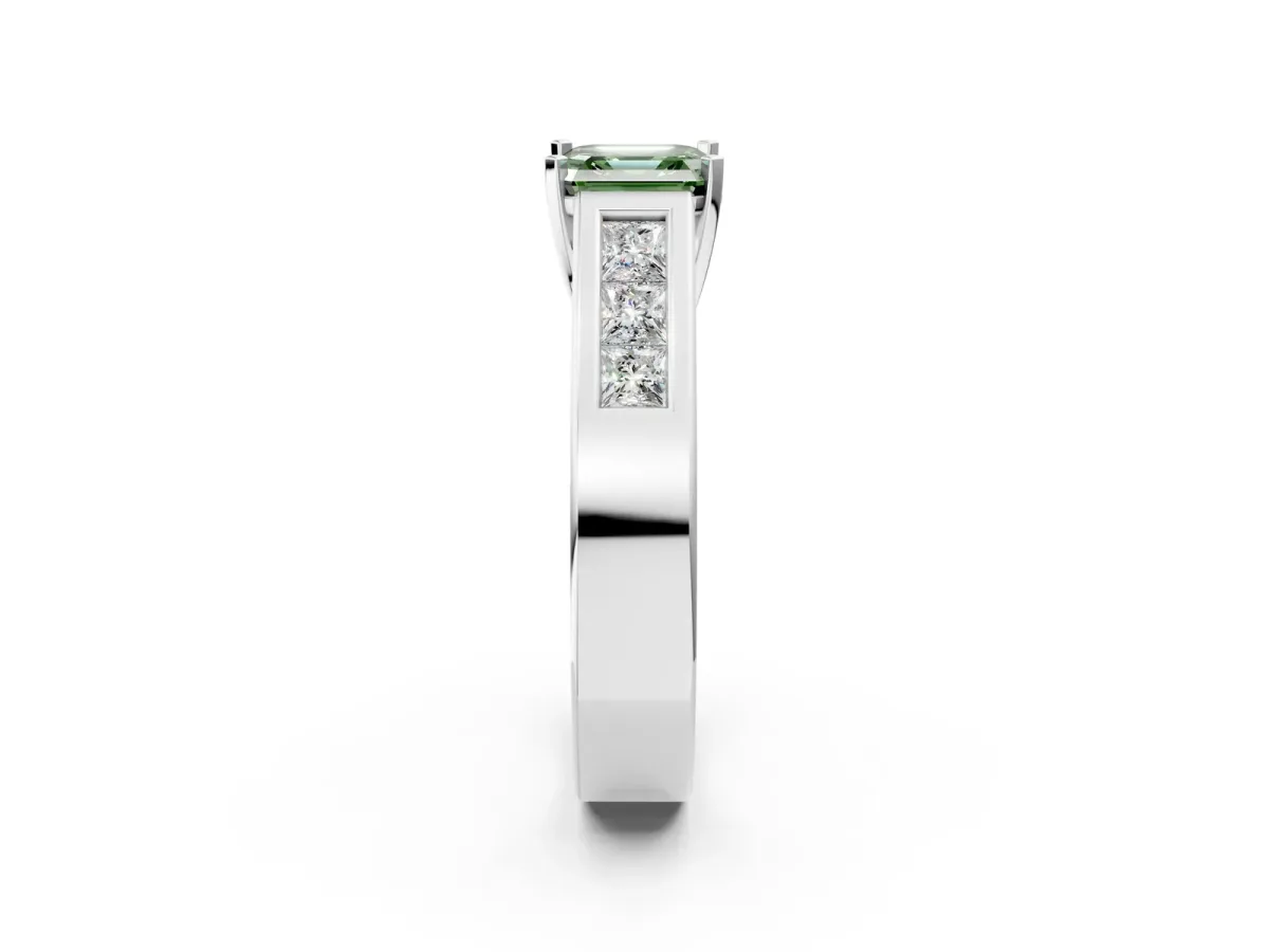 Fancy Green Asscher Cut Cut Channel Set Solitaire Ring with Four-Prong Setting Silver