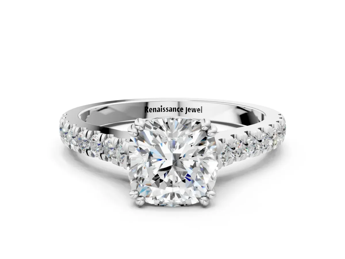 Cushion Cut Solitaire Pave Diamond Engagement Ring with Prong Setting White gold