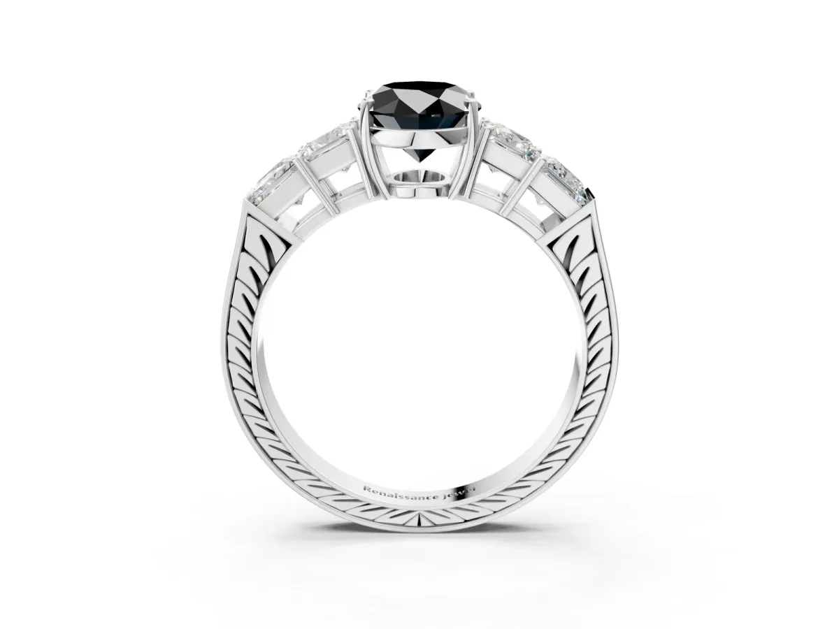 Fancy Black Oval Cut Solitaire Princess Side Stone Engraved Band Prong Setting Ring Platinum