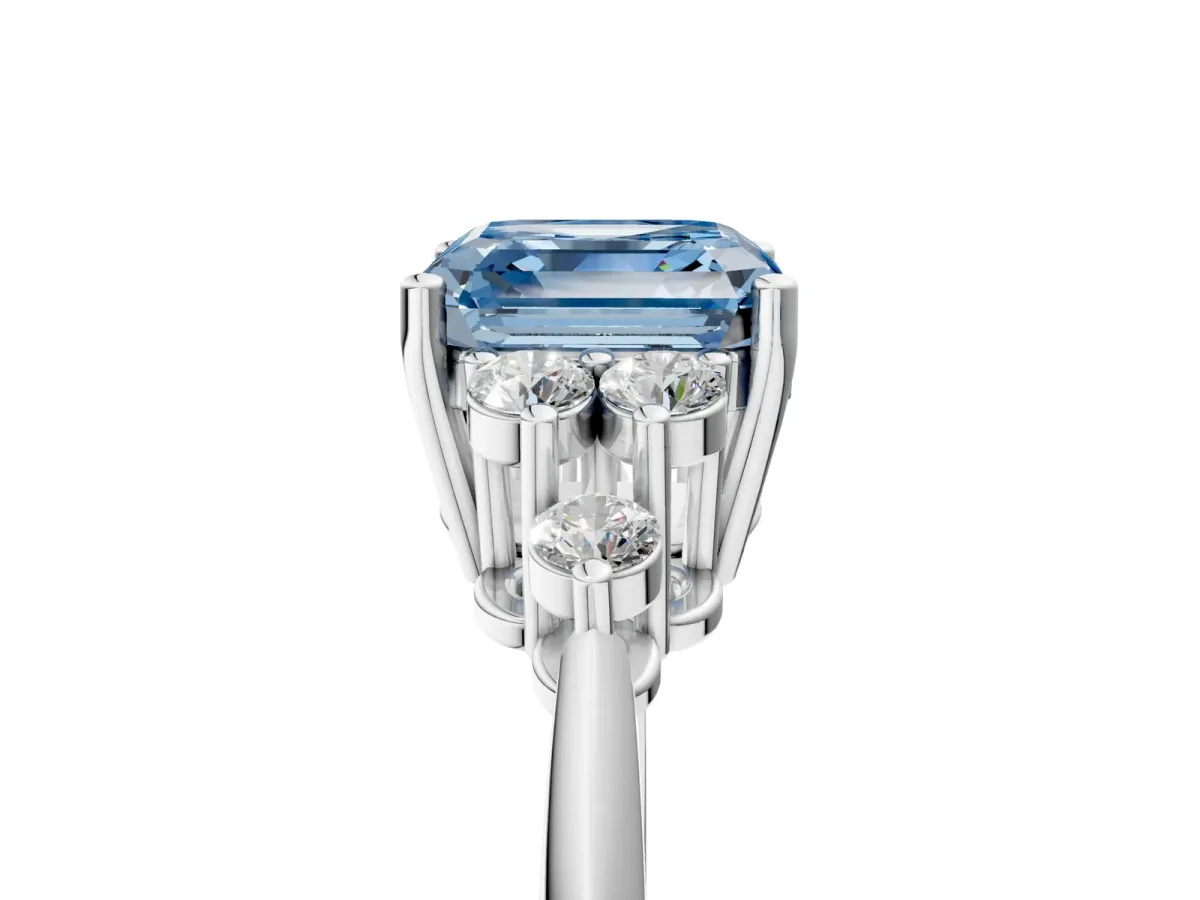 Fancy Blue Asscher Cut Cut Diamond Cluster Ring with Solitaire Band and Four-Prong Setting Platinum