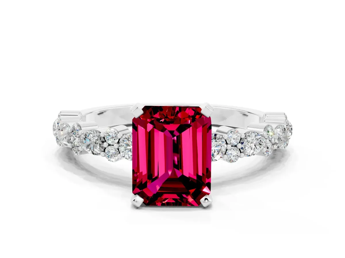 Emerald Cut Garnet Side Stone Solitaire Ring with Round and Four-Prong Setting White gold