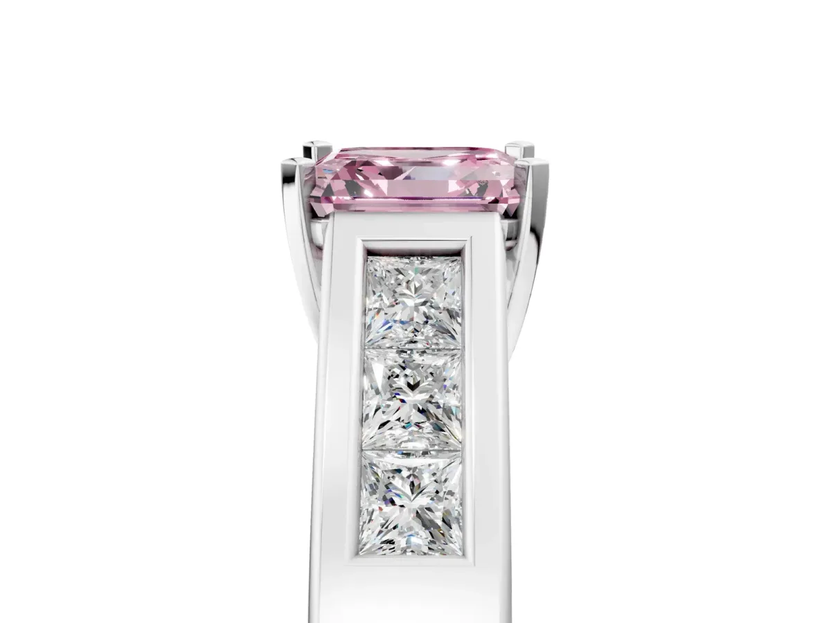 Fancy Pink Asscher Cut Cut Channel Set Solitaire Ring with Four-Prong Setting White gold