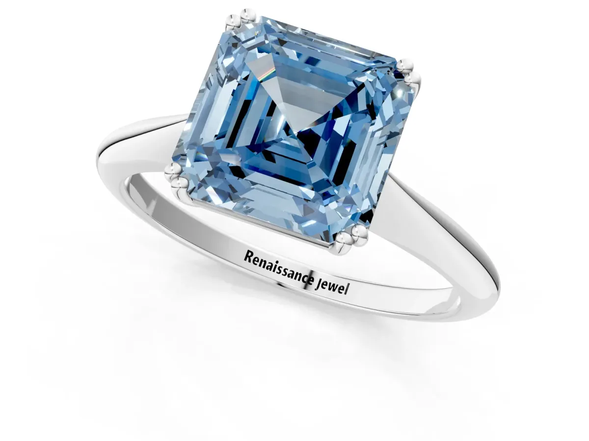 Fancy Blue Asscher Cut Solitaire Diamond Ring with Six-Prong Setting and Classic Band Platinum