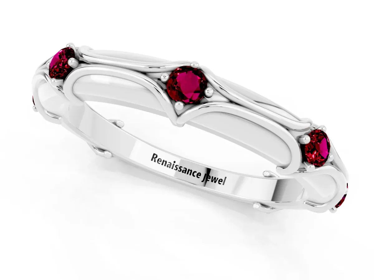 Round Garnet Prong Set Milgrain Eternity Band Silver