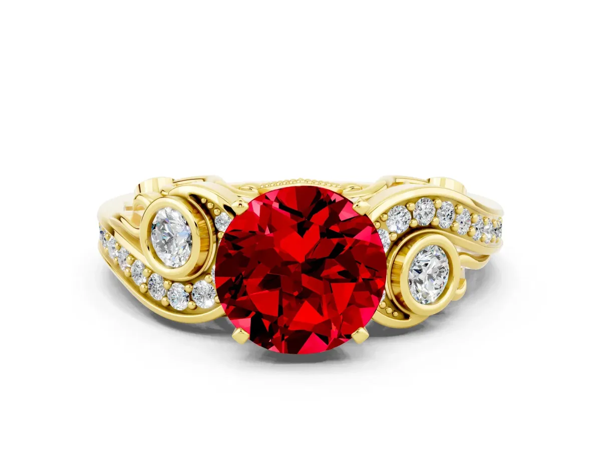 Round Cut Ruby Solitaire Ring with Milgrain Pavé Band and Four-Prong Setting Yellow gold