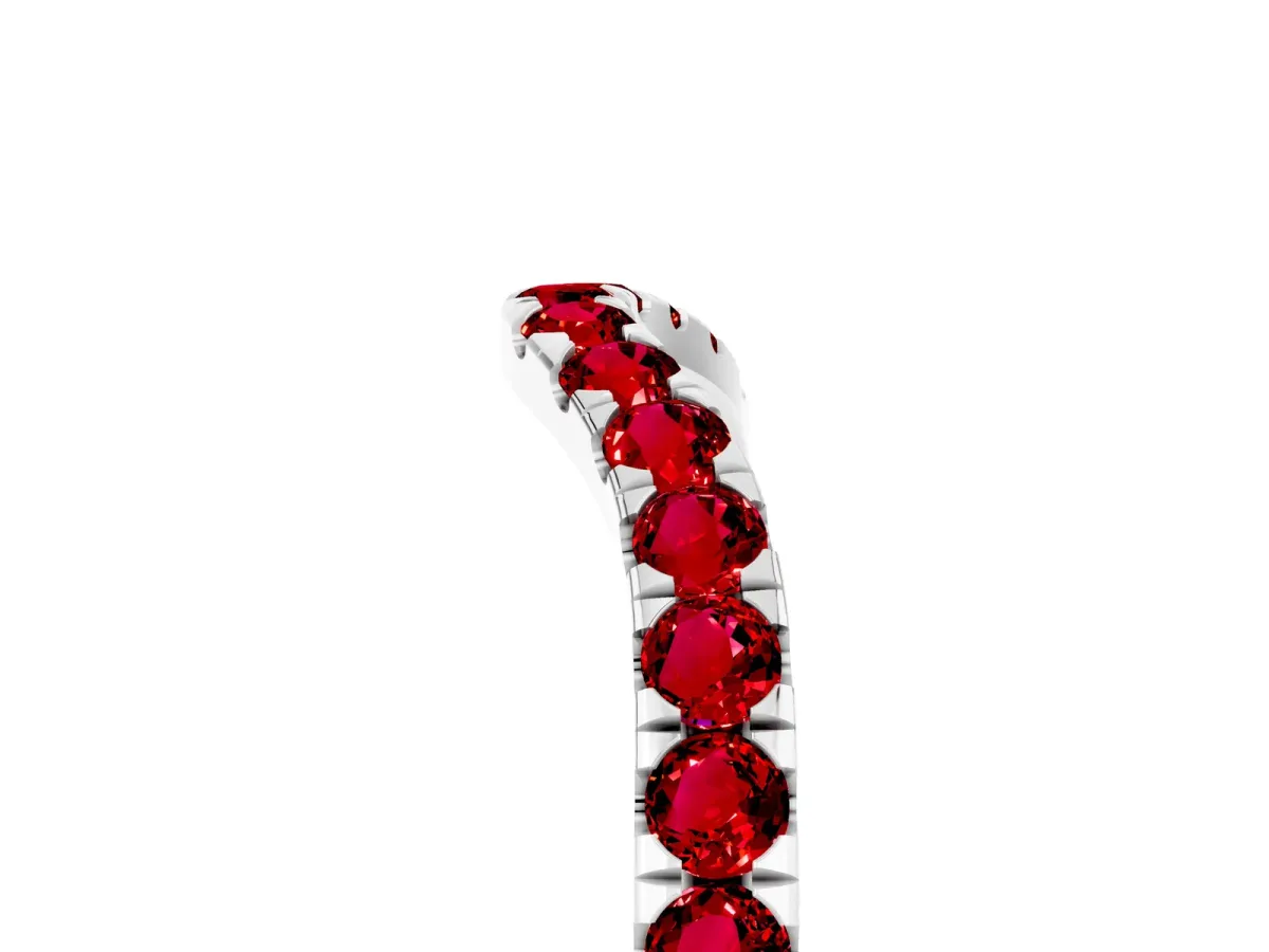 Curved Pavé Round Ruby Wedding Band with Shared Prong Setting Platinum