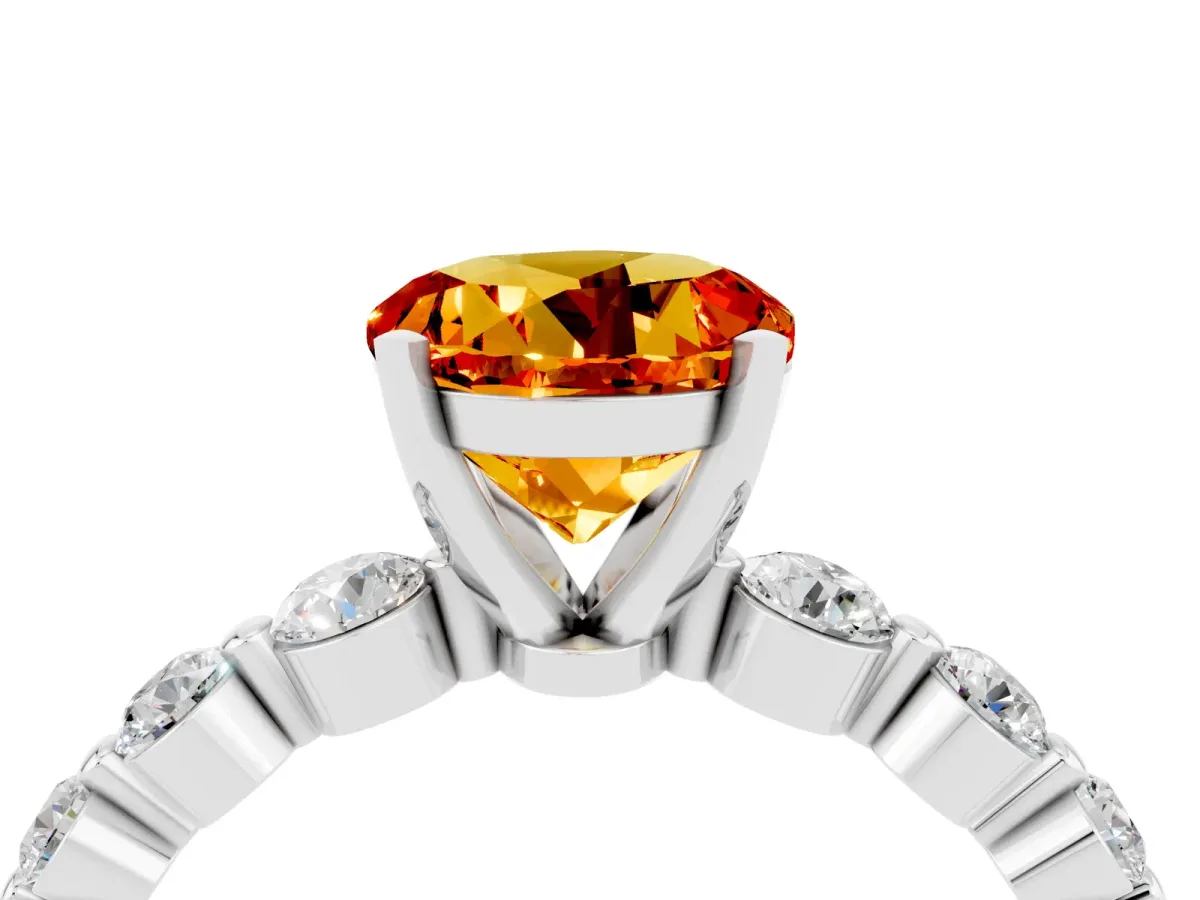 Round Cut Solitaire Citrine Ring with Pave Band and Four-Prong Setting Platinum