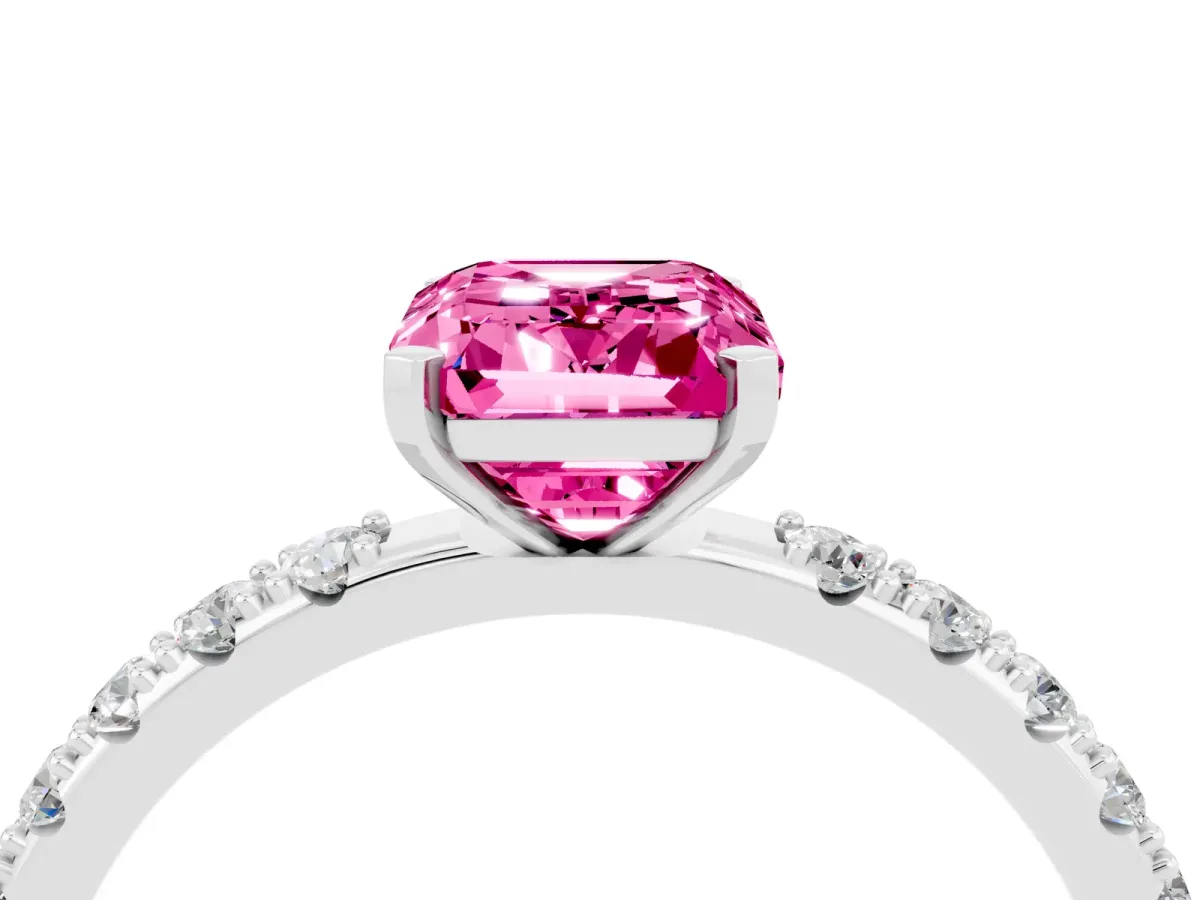 Emerald Cut Pink Sapphire Solitaire Pavé Band with Four-Prong Setting Silver