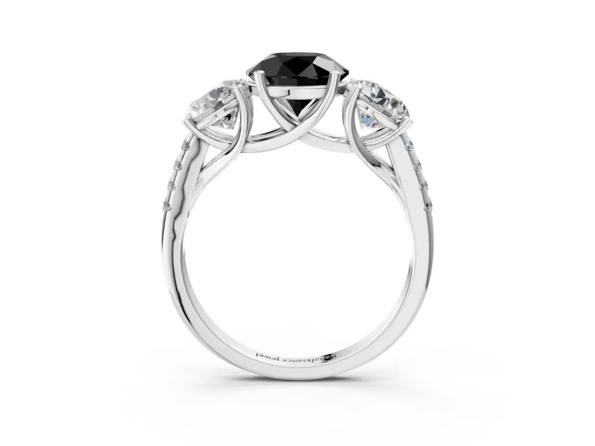 Fancy Black Three-Stone Round Cut Diamond Ring with Round Pavé Band and Prong Setting Platinum