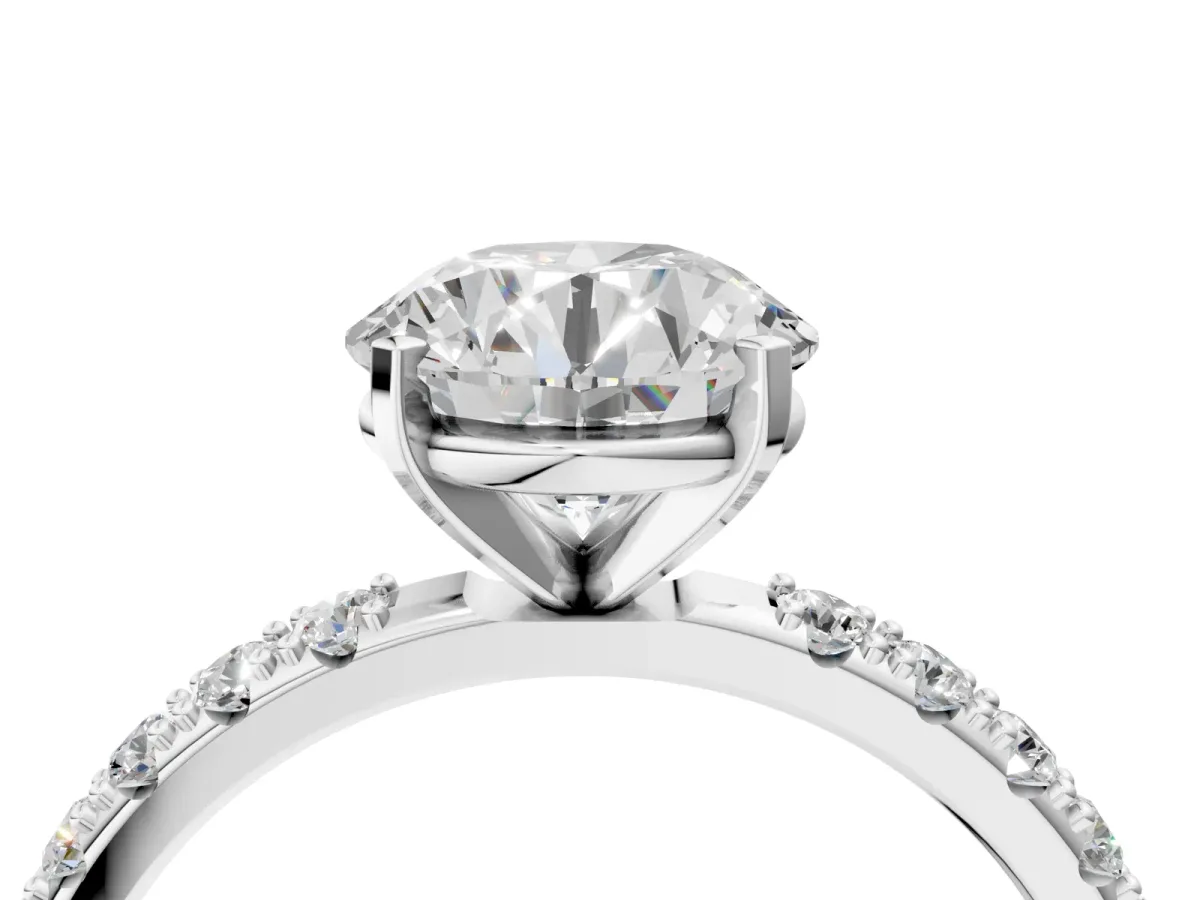 Round Cut Diamond Solitaire Pavé Band with Four-Prong Setting White gold