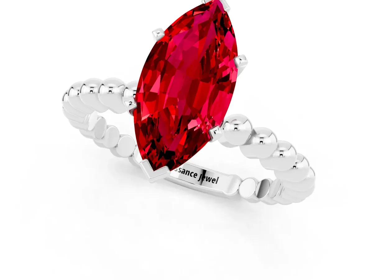 Marquise Cut Ruby Solitaire Ring with Beaded Band and Prong Setting Silver