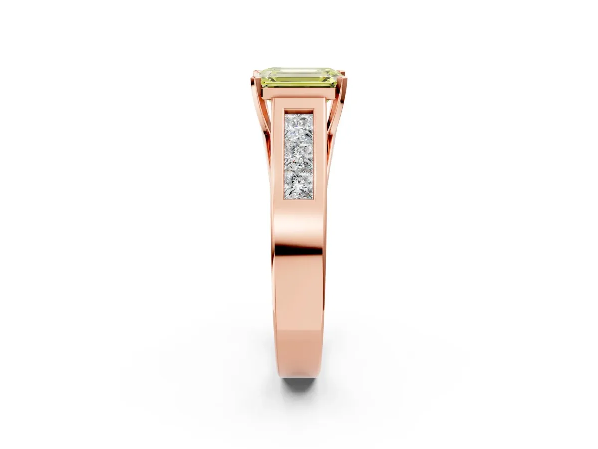 Fancy Yellow Emerald Cut Cut Channel Set Solitaire Ring with Four-Prong Setting Rose gold